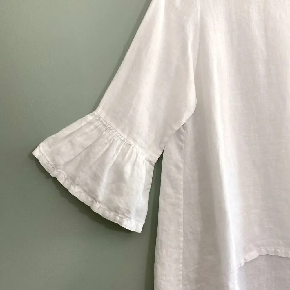 Bryn Walker Linen Top Bell Sleeves Womens Large White Lagenlook Cottage Coastal - Picture 2 of 11